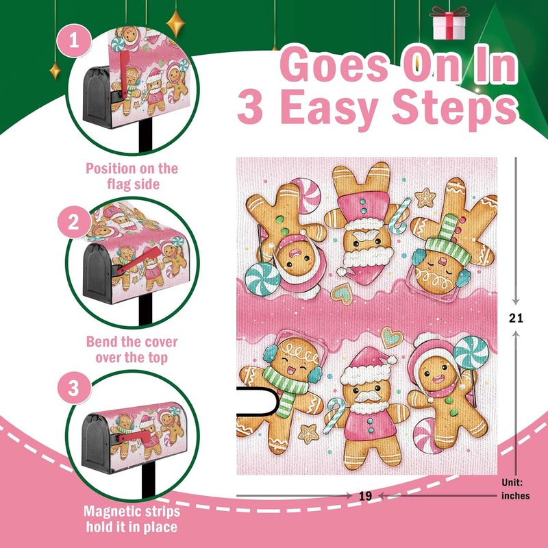 FBCOO Pink Christmas Mailbox Cover Magnetic Standard Size 20.5" x 18", Xmas Gingerbread Man Peppermint Candy Decorative Post Letter Box Wrap Decor, Winter Holiday Garden Yard Outdoor Decoration - Image 3